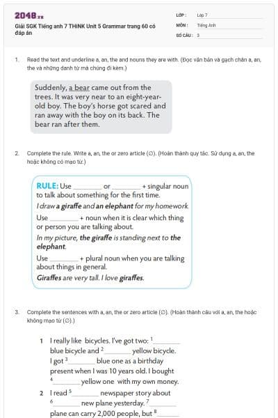 Giải SGK Tiếng anh 7 THiNK Unit 5 Grammar trang 60 có đáp án