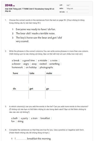 Giải SGK Tiếng anh 7 THiNK Unit 5 Vocabulary trang 60 có đáp án