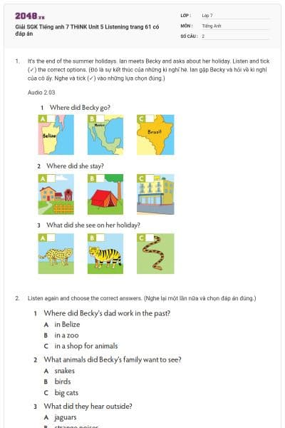 Giải SGK Tiếng anh 7 THiNK Unit 5 Listening trang 61 có đáp án