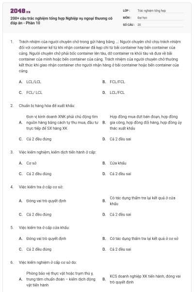200+ câu trắc nghiệm tổng hợp Nghiệp vụ ngoại thương có đáp án - Phần 10