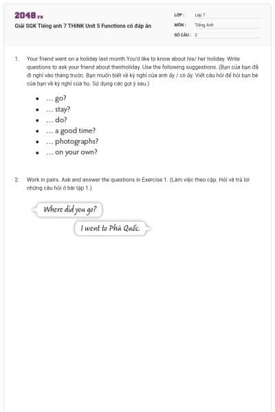 Giải SGK Tiếng anh 7 THiNK Unit 5 Functions có đáp án