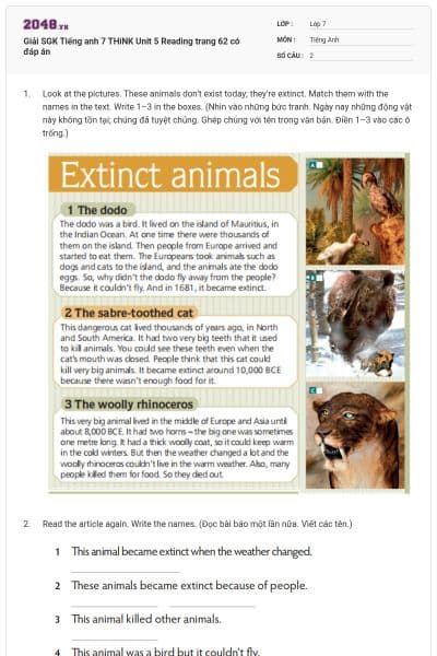 Giải SGK Tiếng anh 7 THiNK Unit 5 Reading trang 62 có đáp án