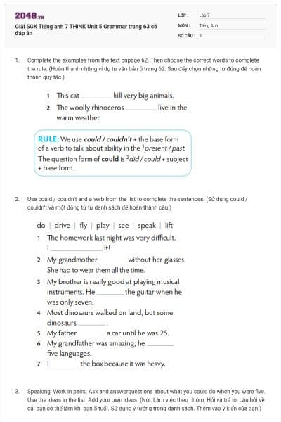 Giải SGK Tiếng anh 7 THiNK Unit 5 Grammar trang 63 có đáp án