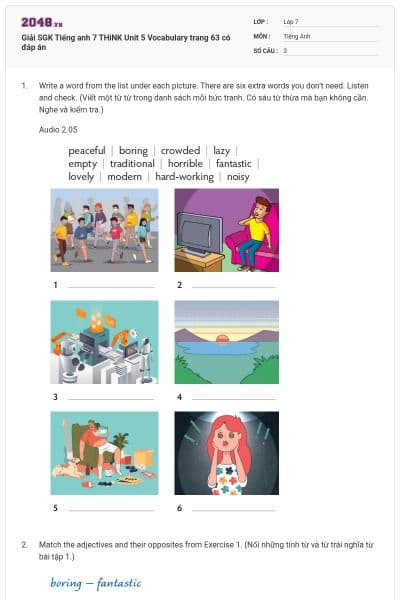 Giải SGK Tiếng anh 7 THiNK Unit 5 Vocabulary trang 63 có đáp án