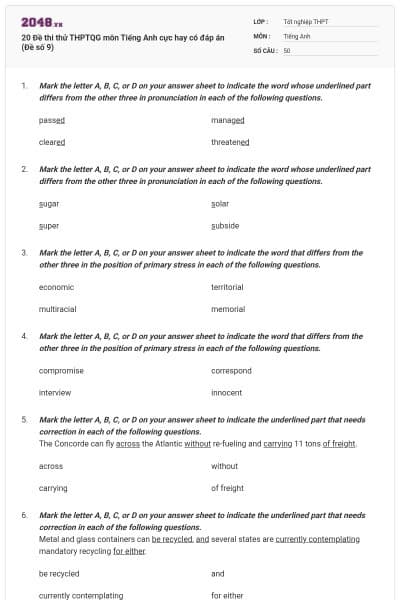20 Đề thi thử THPTQG môn Tiếng Anh cực hay có đáp án (Đề số 9)