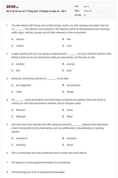 Bộ 8 đề thi học kì 2 Tiếng Anh 10 Bright có đáp án - Đề 3