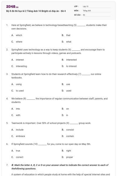 Bộ 8 đề thi học kì 2 Tiếng Anh 10 Bright có đáp án - Đề 4