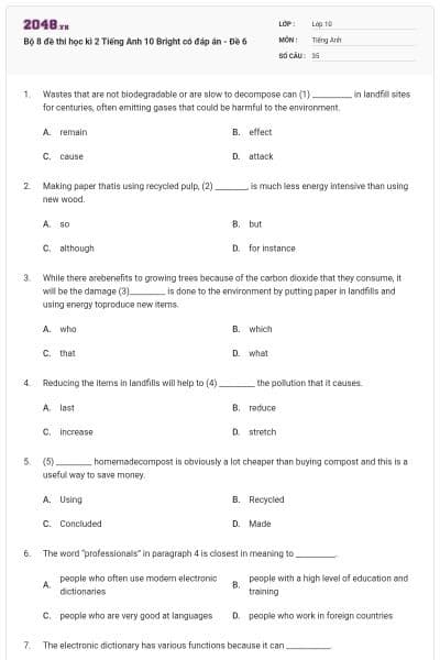 Bộ 8 đề thi học kì 2 Tiếng Anh 10 Bright có đáp án - Đề 6