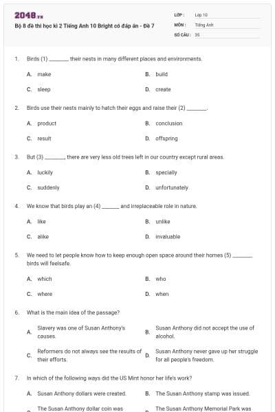 Bộ 8 đề thi học kì 2 Tiếng Anh 10 Bright có đáp án - Đề 7