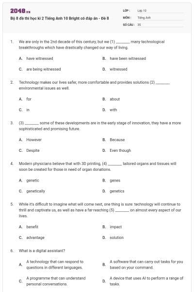 Bộ 8 đề thi học kì 2 Tiếng Anh 10 Bright có đáp án - Đề 8