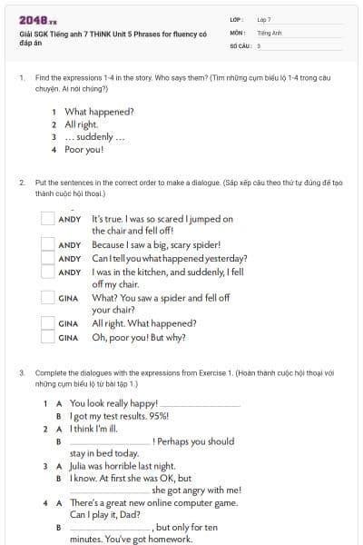 Giải SGK Tiếng anh 7 THiNK Unit 5 Phrases for fluency có đáp án