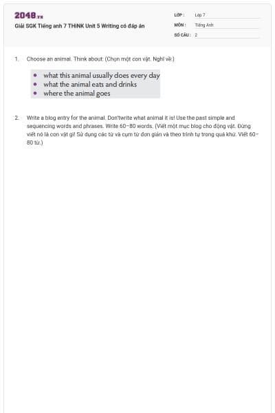 Giải SGK Tiếng anh 7 THiNK Unit 5 Writing có đáp án