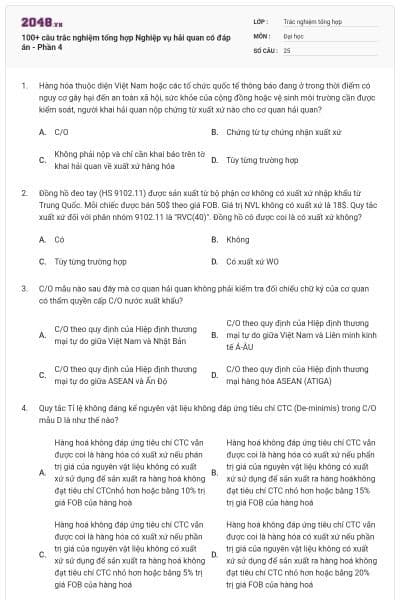 100+ câu trắc nghiệm tổng hợp Nghiệp vụ hải quan có đáp án - Phần 4