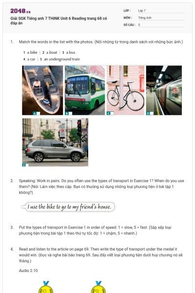 Giải SGK Tiếng anh 7 THiNK Unit 6 Reading trang 68 có đáp án