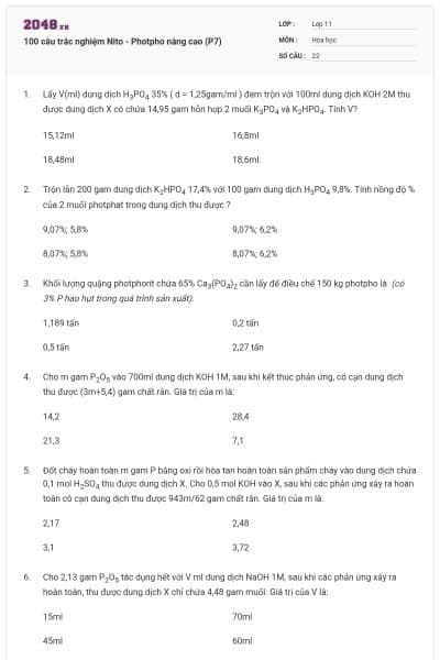 100 câu trắc nghiệm Nito - Photpho nâng cao (P7)