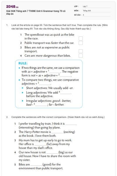 Giải SGK Tiếng anh 7 THiNK Unit 6 Grammar trang 70 có đáp án