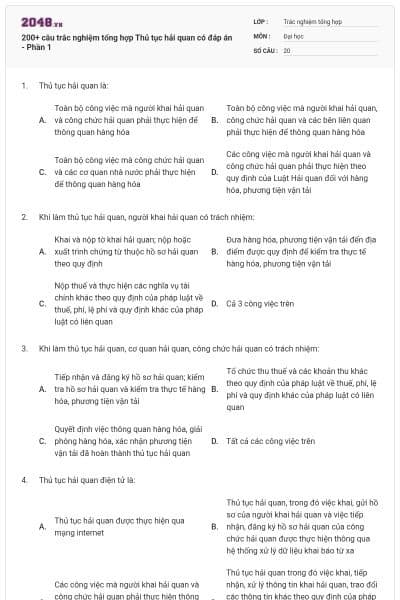 200+ câu trắc nghiệm tổng hợp Thủ tục hải quan có đáp án - Phần 1