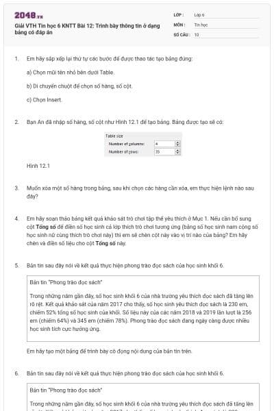 Giải VTH Tin học 6 KNTT Bài 12: Trình bày thông tin ở dạng bảng có đáp án