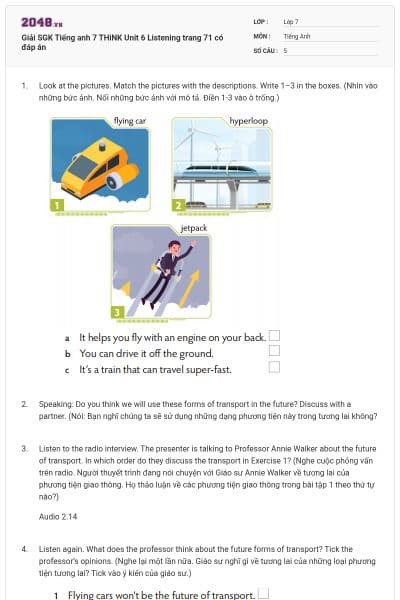 Giải SGK Tiếng anh 7 THiNK Unit 6 Listening trang 71 có đáp án