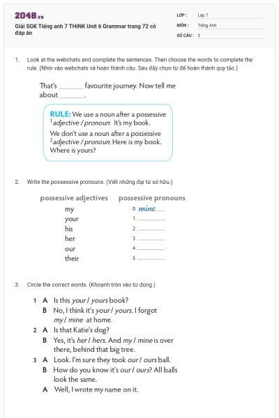 Giải SGK Tiếng anh 7 THiNK Unit 6 Grammar trang 72 có đáp án
