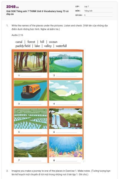 Giải SGK Tiếng anh 7 THiNK Unit 6 Vocabulary trang 73 có đáp án