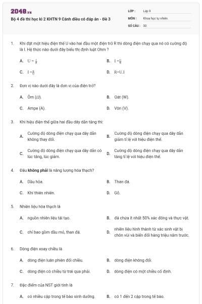 Bộ 4 đề thi học kì 2 KHTN 9 Cánh diều có đáp án - Đề 3