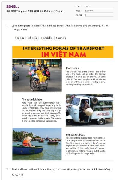 Giải SGK Tiếng anh 7 THiNK Unit 6 Culture có đáp án