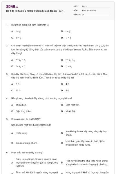 Bộ 4 đề thi học kì 2 KHTN 9 Cánh diều có đáp án - Đề 4