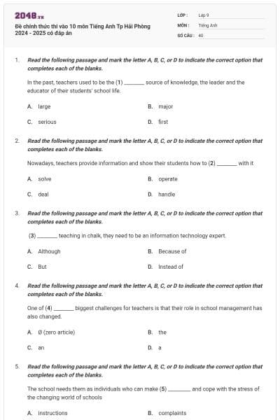 Đề chính thức thi vào 10 môn Tiếng Anh Tp Hải Phòng 2024 - 2025 có đáp án