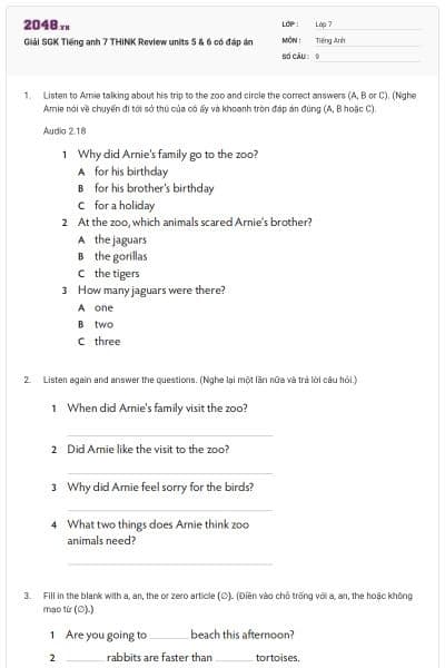 Giải SGK Tiếng anh 7 THiNK Review units 5 & 6 có đáp án