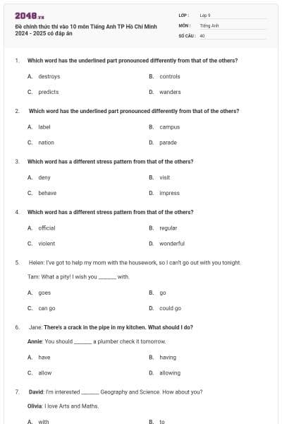 Đề chính thức thi vào 10 môn Tiếng Anh TP Hồ Chí Minh 2024 - 2025 có đáp án