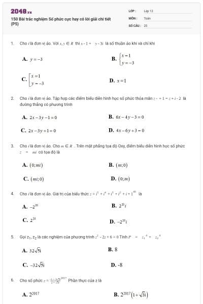 150 Bài trắc nghiệm Số phức cực hay có lời giải chi tiết (P5)