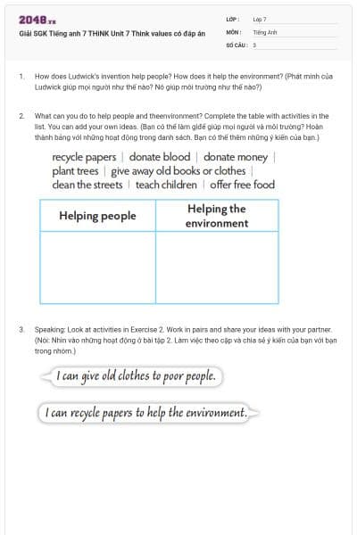 Giải SGK Tiếng anh 7 THiNK Unit 7 Think values có đáp án