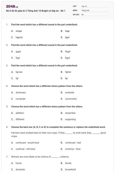 Bộ 8 đề thi giữa kì 2 Tiếng Anh 10 Bright có đáp án - Đề 1