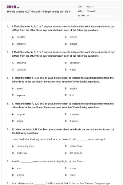 Bộ 8 đề thi giữa kì 2 Tiếng Anh 10 Bright có đáp án - Đề 3