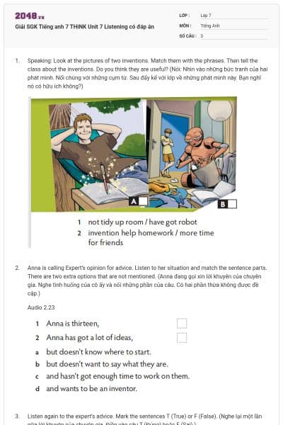 Giải SGK Tiếng anh 7 THiNK Unit 7 Listening có đáp án