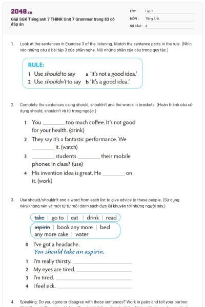 Giải SGK Tiếng anh 7 THiNK Unit 7 Grammar trang 83 có đáp án