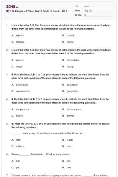 Bộ 8 đề thi giữa kì 2 Tiếng Anh 10 Bright có đáp án - Đề 6