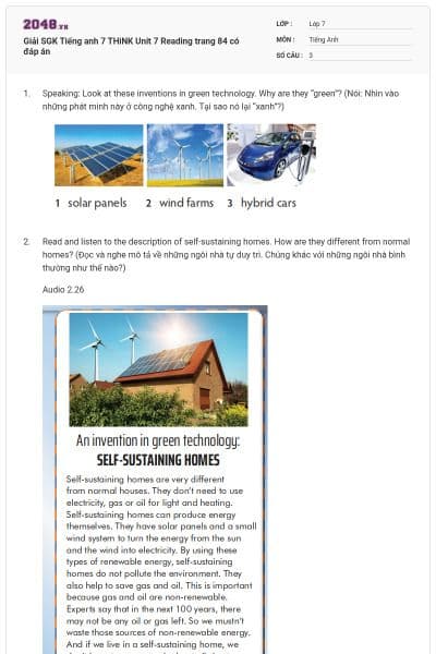 Giải SGK Tiếng anh 7 THiNK Unit 7 Reading trang 84 có đáp án