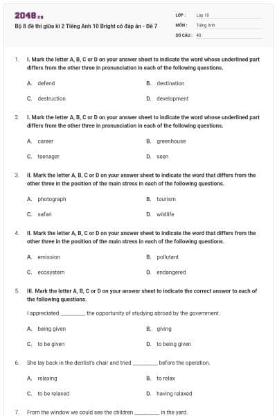 Bộ 8 đề thi giữa kì 2 Tiếng Anh 10 Bright có đáp án - Đề 7