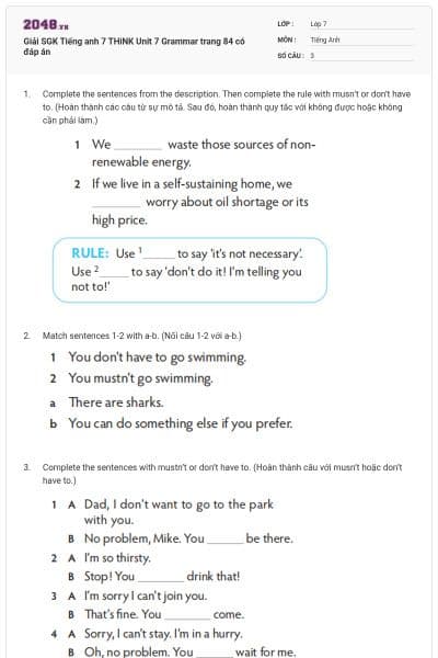 Giải SGK Tiếng anh 7 THiNK Unit 7 Grammar trang 84 có đáp án