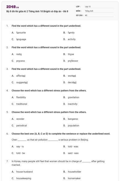 Bộ 8 đề thi giữa kì 2 Tiếng Anh 10 Bright có đáp án - Đề 8
