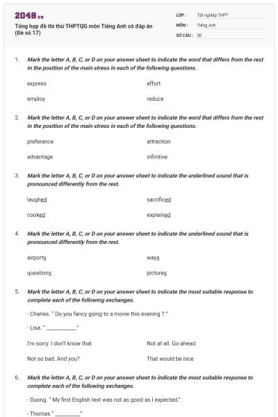 Tổng hợp đề thi thử THPTQG môn Tiếng Anh có đáp án (Đề số 17)