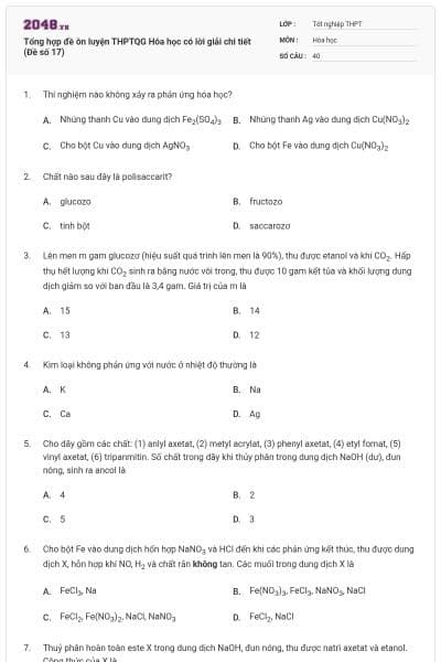 Tổng hợp đề ôn luyện THPTQG Hóa học có lời giải chi tiết (Đề số 17)
