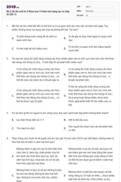 Bộ 2 đề thi cuối kì 2 Khoa học 5 Chân trời sáng tạo có đáp án (Đề 1)