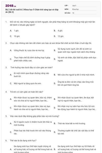 Bộ 2 đề thi cuối kì 2 Khoa học 5 Chân trời sáng tạo có đáp án (Đề 2)