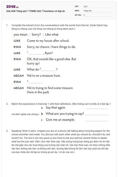 Giải SGK Tiếng anh 7 THiNK Unit 7 Functions có đáp án