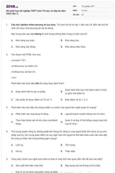 Đề minh họa tốt nghiệp THPT môn Tin học có đáp án năm 2025 (Đề 1)
