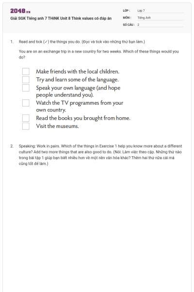 Giải SGK Tiếng anh 7 THiNK Unit 8 Think values có đáp án