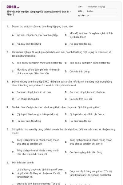 350 câu trắc nghiệm tổng hợp Kế toán quản trị có đáp án - Phần 3